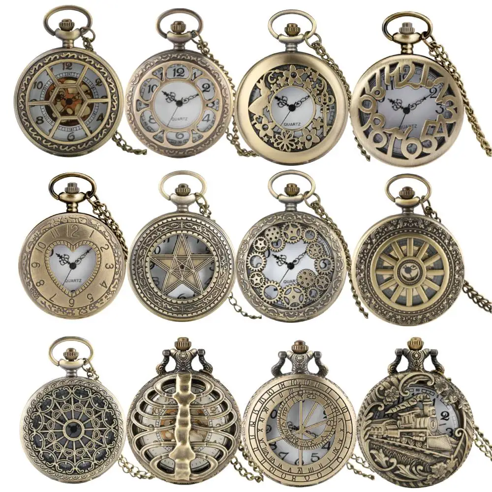 Hollow Bronze Quartz Pocket Watch Necklace Clock Arabic Numerals Dial Classic Vintage Pendant Timepiece Gift for Men Women
