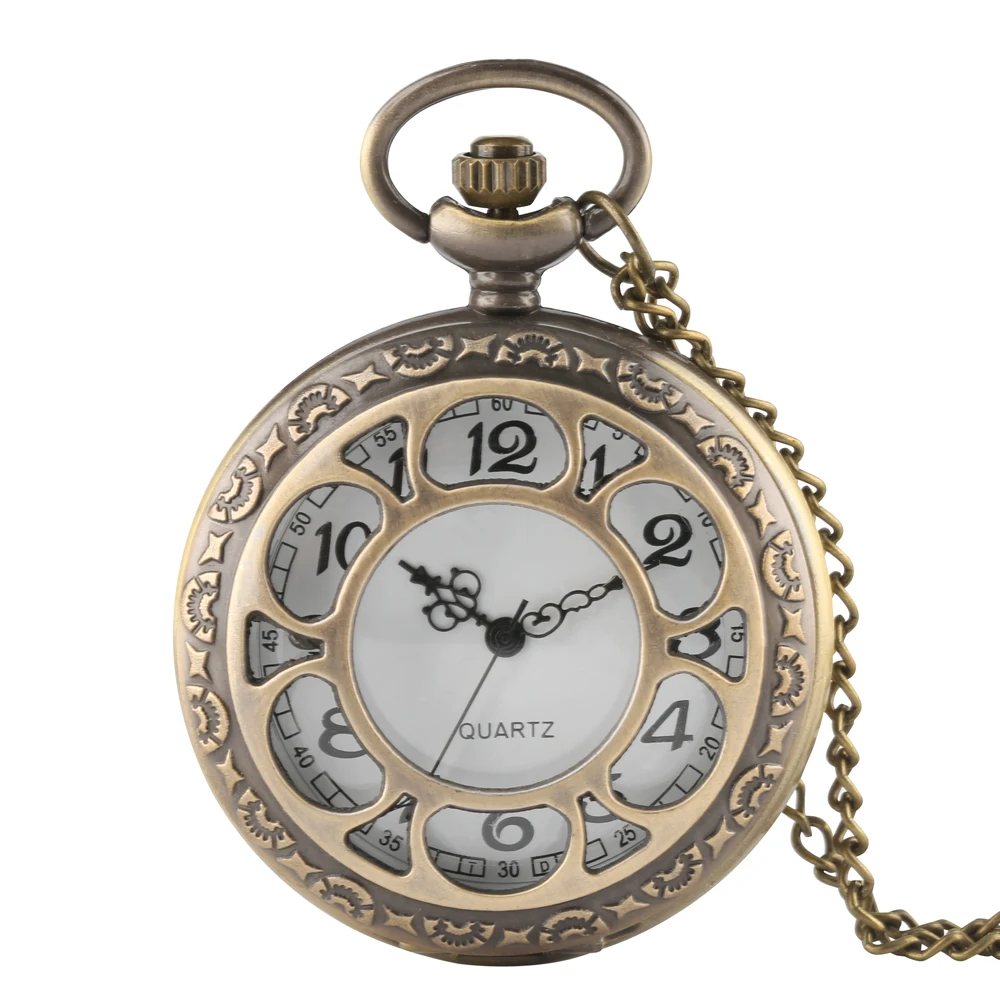 Hollow Bronze Quartz Pocket Watch Necklace Clock Arabic Numerals Dial Classic Vintage Pendant Timepiece Gift for Men Women
