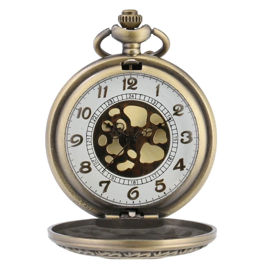 Hollow Bronze Quartz Pocket Watch Necklace Clock Arabic Numerals Dial Classic Vintage Pendant Timepiece Gift for Men Women