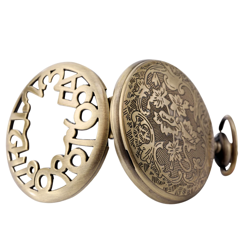 Hollow Bronze Quartz Pocket Watch Necklace Clock Arabic Numerals Dial Classic Vintage Pendant Timepiece Gift for Men Women