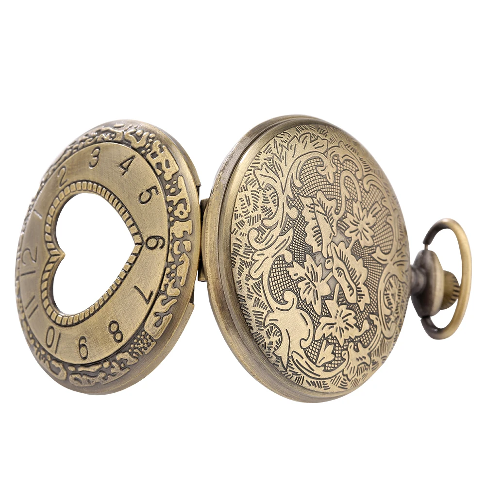 Hollow Bronze Quartz Pocket Watch Necklace Clock Arabic Numerals Dial Classic Vintage Pendant Timepiece Gift for Men Women