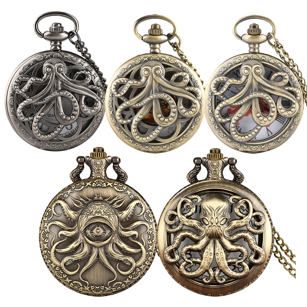 Retro Octopus Pattern Quartz Pocket Watch Arabic Numerals Dial Necklace Pendant Clock Vintage Fashion Timepiece Gift Unisex