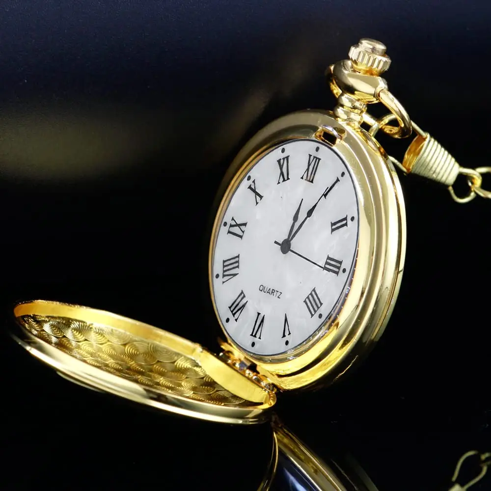 Vintage Gold Pocket Watch with Chain Smooth Steel Quartz Roman Numeral Men Quartz Pocket Watches