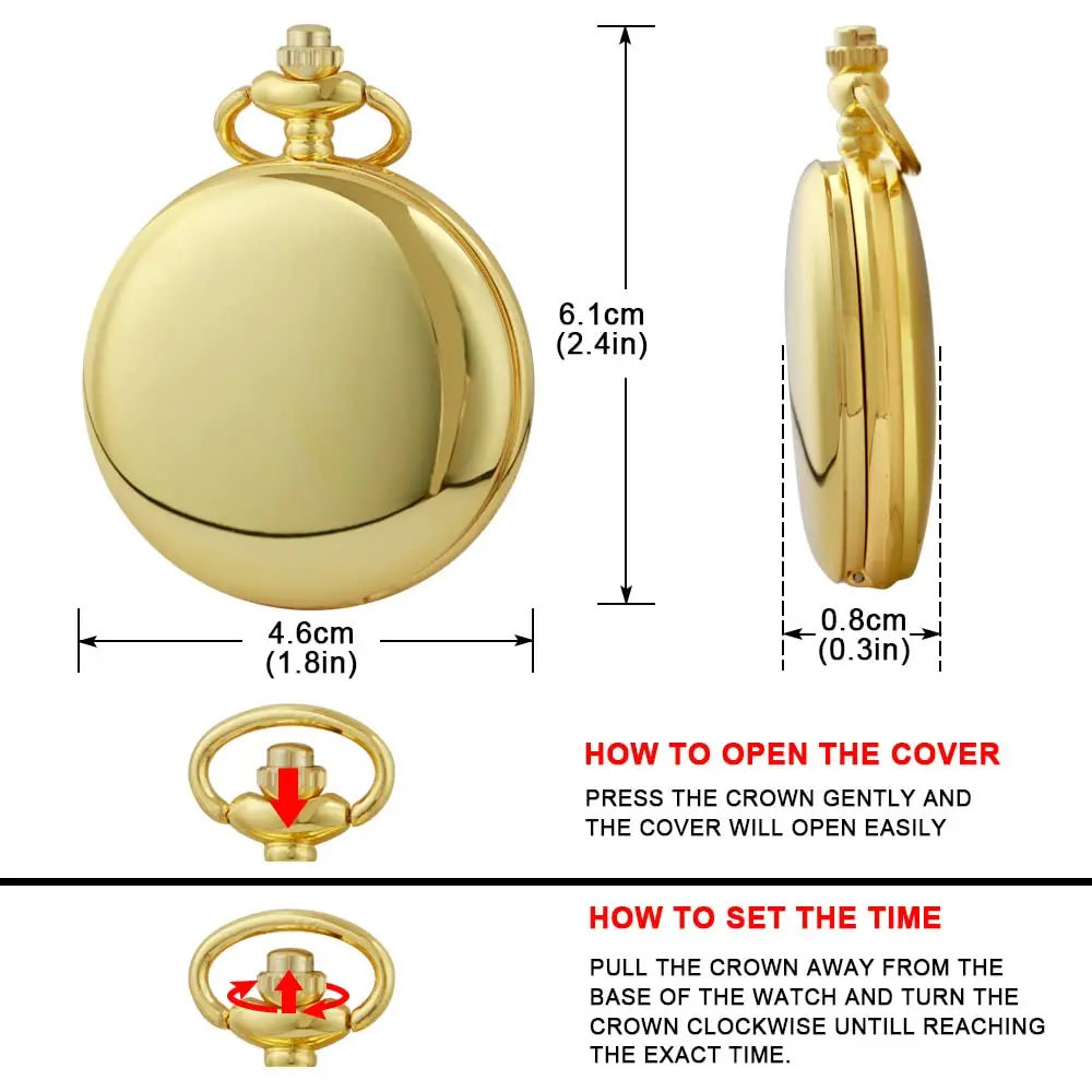 Vintage Gold Pocket Watch with Chain Smooth Steel Quartz Roman Numeral Men Quartz Pocket Watches