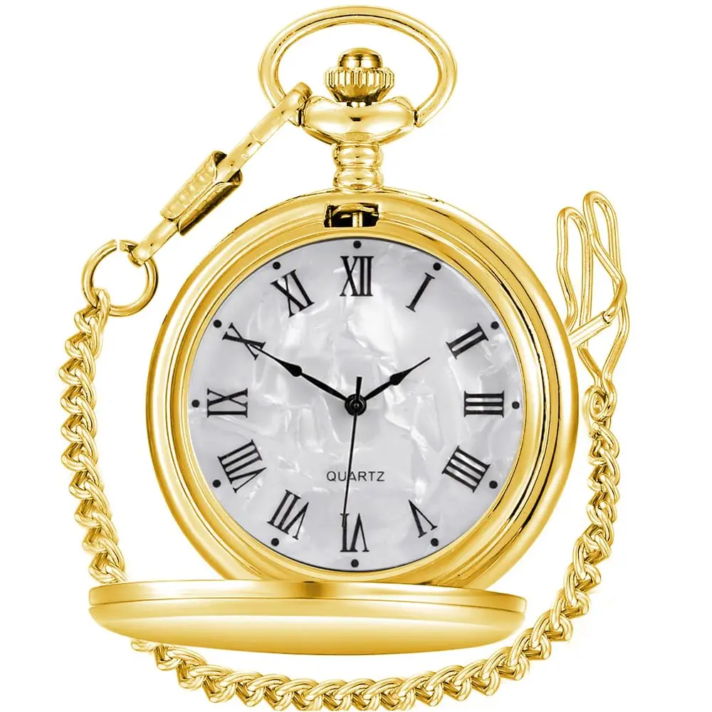 Vintage Gold Pocket Watch with Chain Smooth Steel Quartz Roman Numeral Men Quartz Pocket Watches