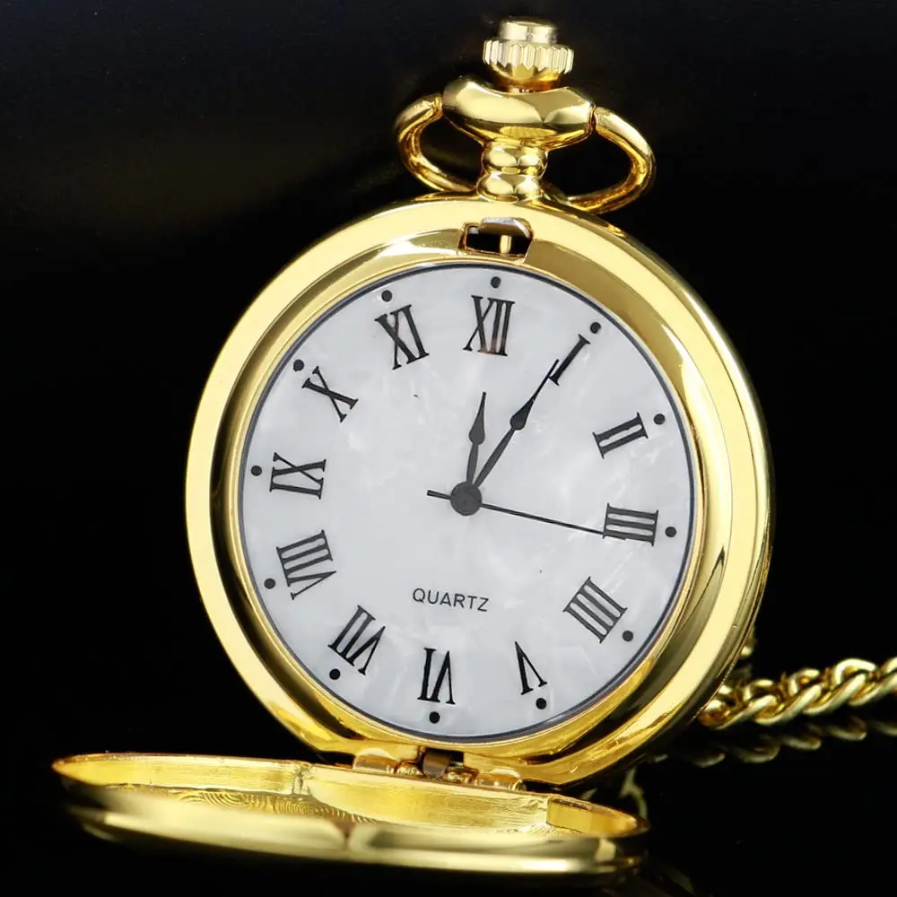 Vintage Gold Pocket Watch with Chain Smooth Steel Quartz Roman Numeral Men Quartz Pocket Watches