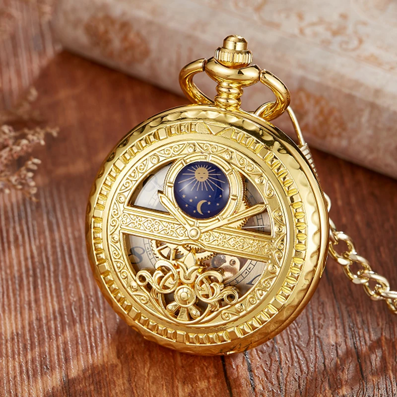 Zhaiyue Semi-Automatic Mechanical Pocket Watch with Carved Stars and Moon Phases, Hollowed Out Dial for Male and Female Students