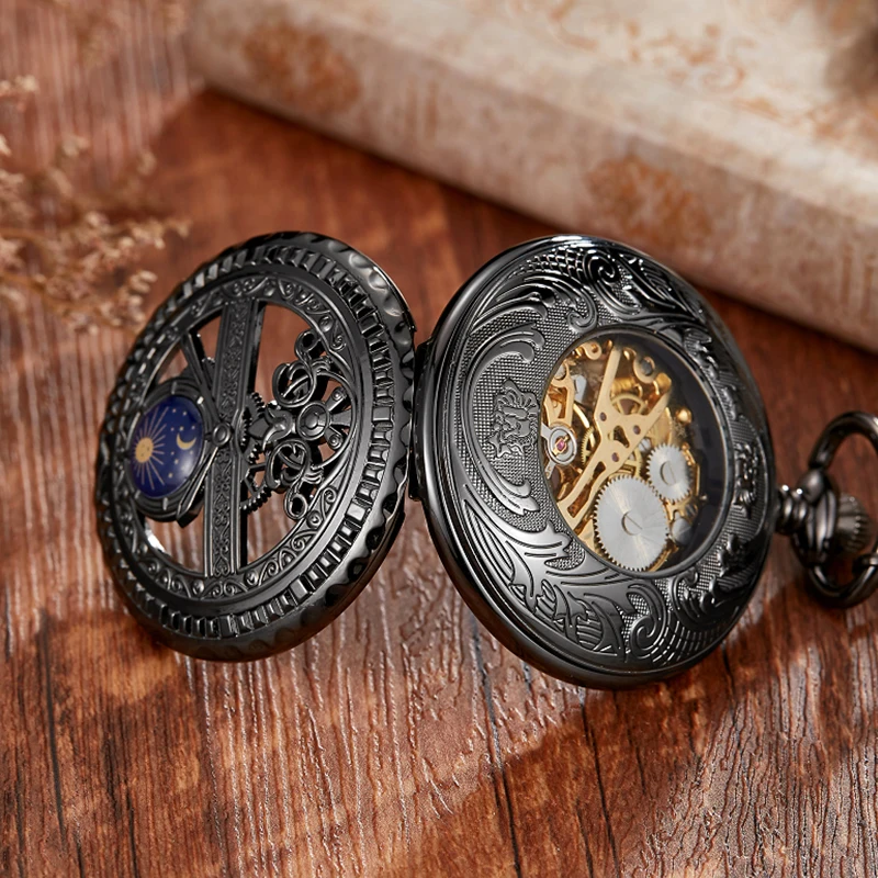 Zhaiyue Semi-Automatic Mechanical Pocket Watch with Carved Stars and Moon Phases, Hollowed Out Dial for Male and Female Students