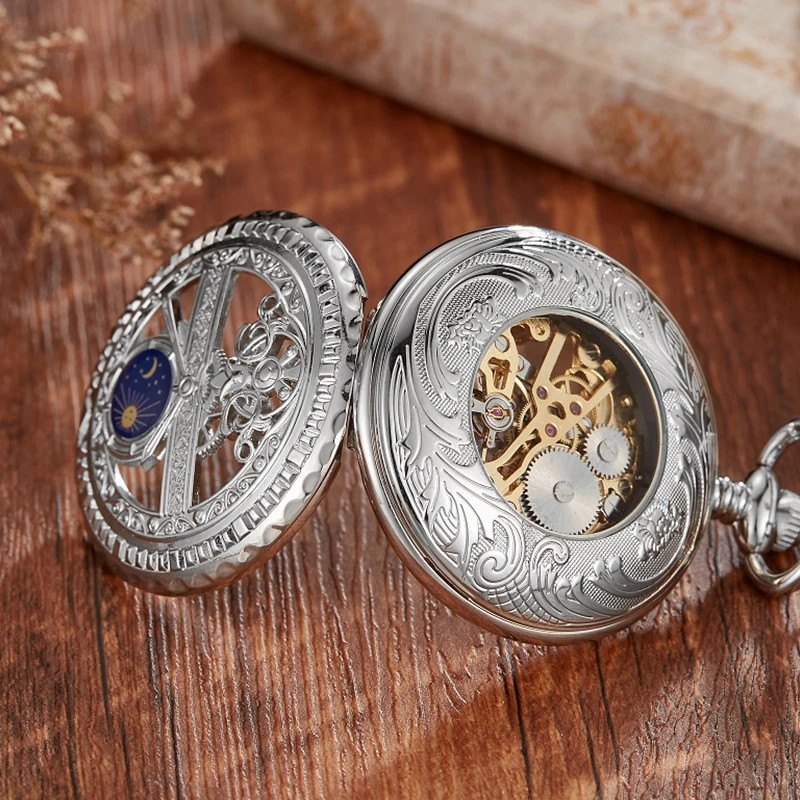 Zhaiyue Semi-Automatic Mechanical Pocket Watch with Carved Stars and Moon Phases, Hollowed Out Dial for Male and Female Students