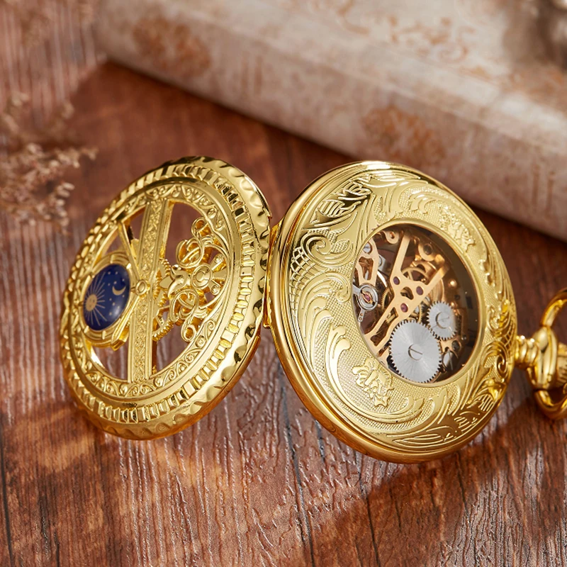 Zhaiyue Semi-Automatic Mechanical Pocket Watch with Carved Stars and Moon Phases, Hollowed Out Dial for Male and Female Students