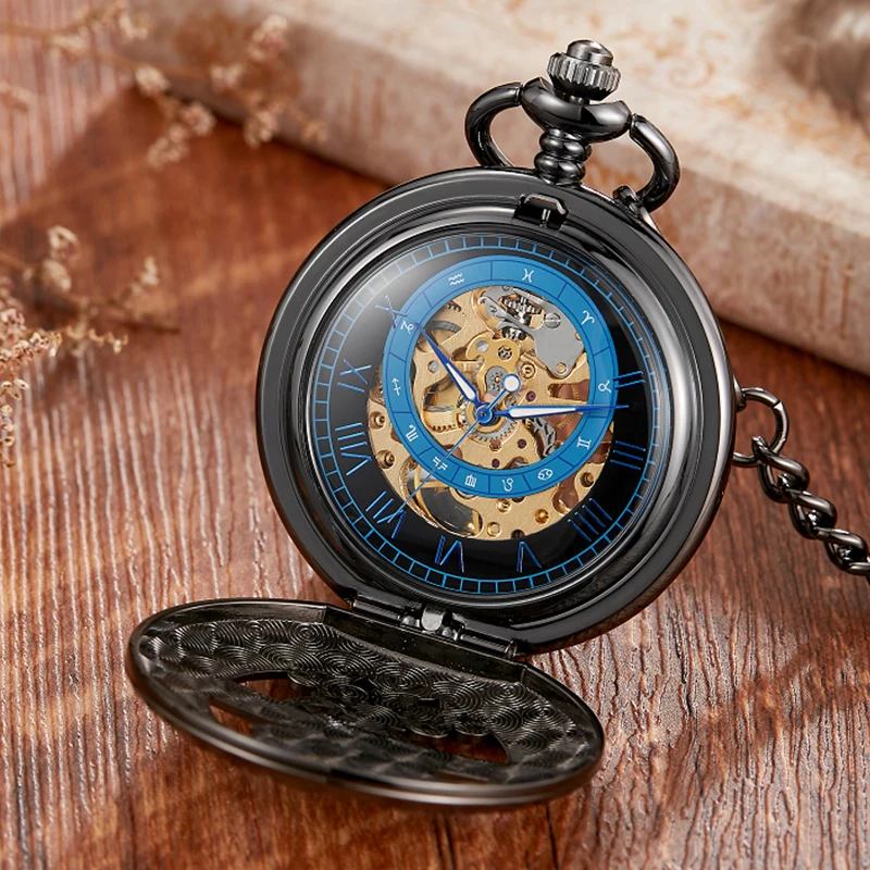 Zhaiyue Semi-Automatic Mechanical Pocket Watch with Carved Stars and Moon Phases, Hollowed Out Dial for Male and Female Students