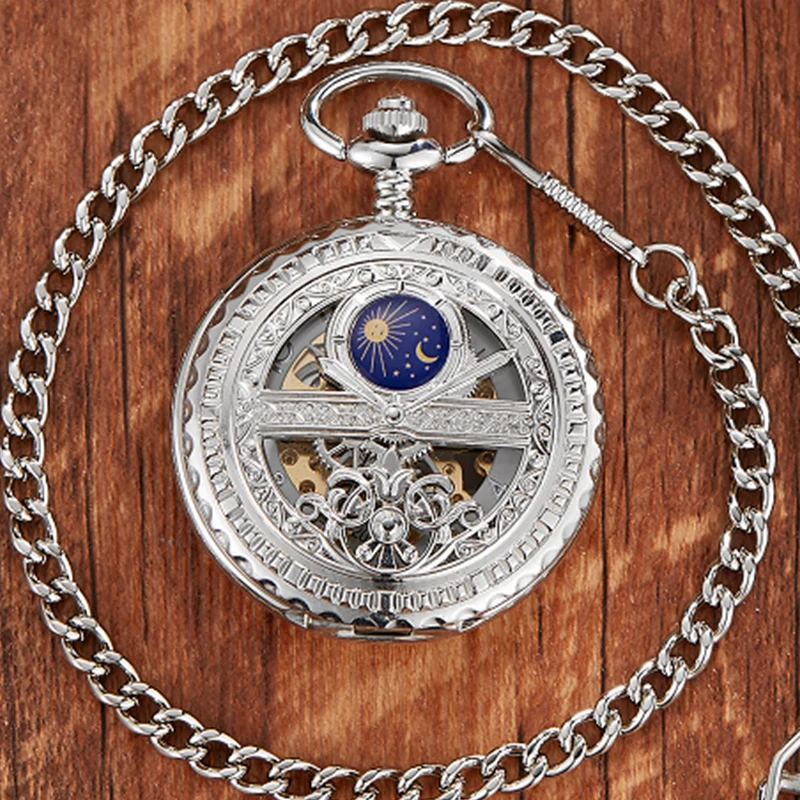 Zhaiyue Semi-Automatic Mechanical Pocket Watch with Carved Stars and Moon Phases, Hollowed Out Dial for Male and Female Students