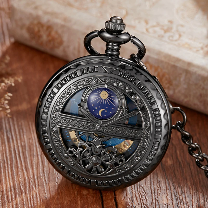 Zhaiyue Semi-Automatic Mechanical Pocket Watch with Carved Stars and Moon Phases, Hollowed Out Dial for Male and Female Students