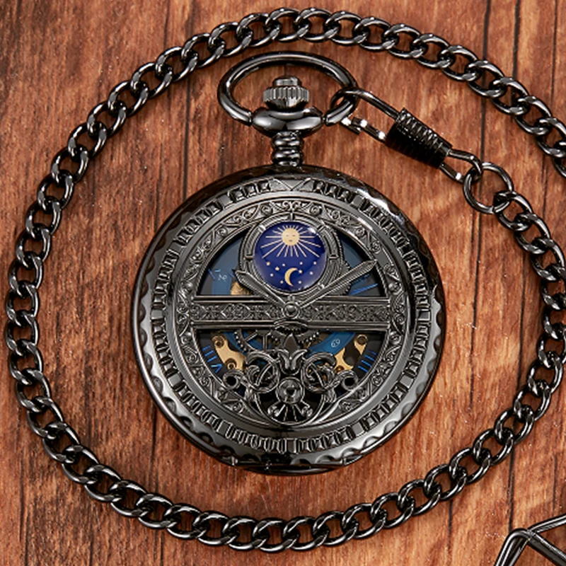 Zhaiyue Semi-Automatic Mechanical Pocket Watch with Carved Stars and Moon Phases, Hollowed Out Dial for Male and Female Students