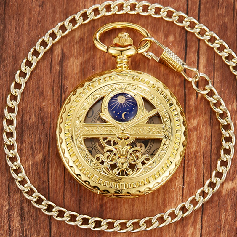 Zhaiyue Semi-Automatic Mechanical Pocket Watch with Carved Stars and Moon Phases, Hollowed Out Dial for Male and Female Students