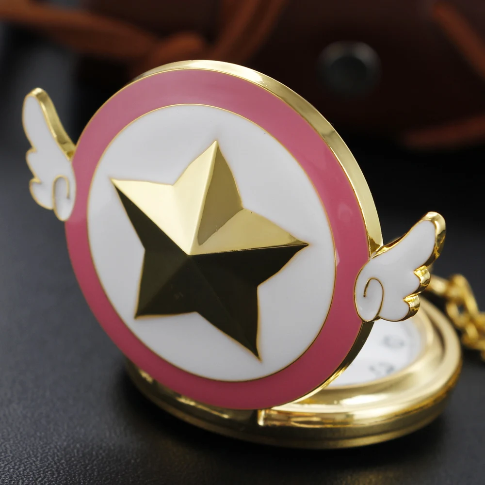 Cute Little Wings Beautiful Girl Five pointed Star Quartz Pocket Watch Fashion Necklace Pendant Clock Men's and Women's Gifts