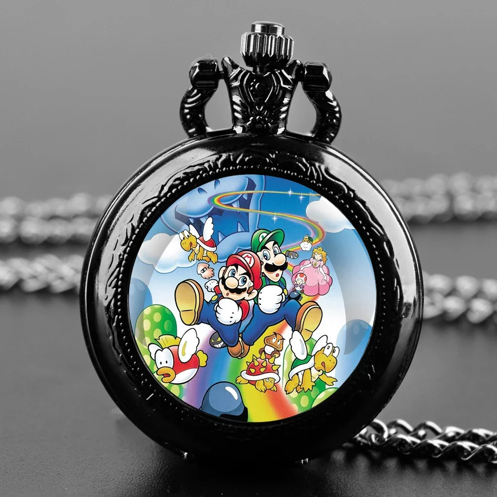 Classic Cartoon Image Glass Dome Pocket Watch with Chain Arabic Dial Vintage Quartz Pendant Watch for Men Women Children Gifts