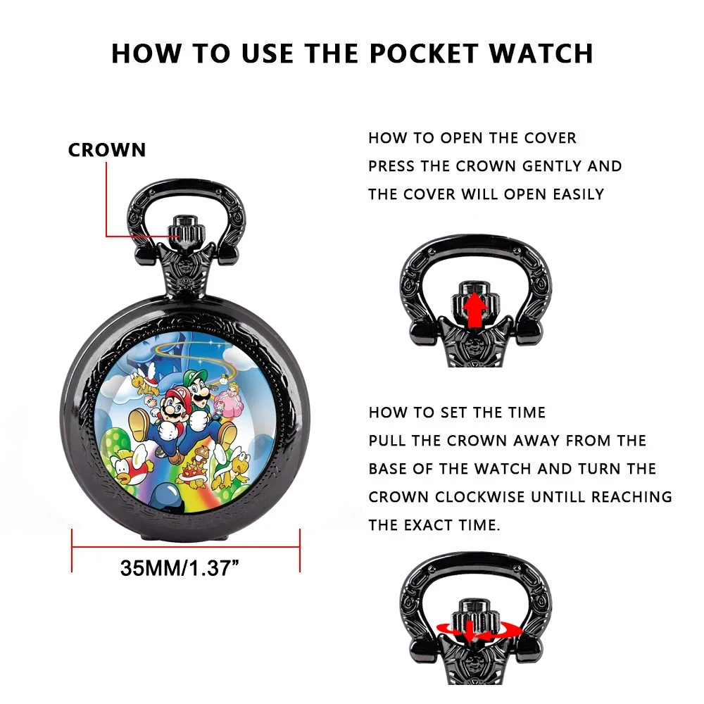 Classic Cartoon Image Glass Dome Pocket Watch with Chain Arabic Dial Vintage Quartz Pendant Watch for Men Women Children Gifts