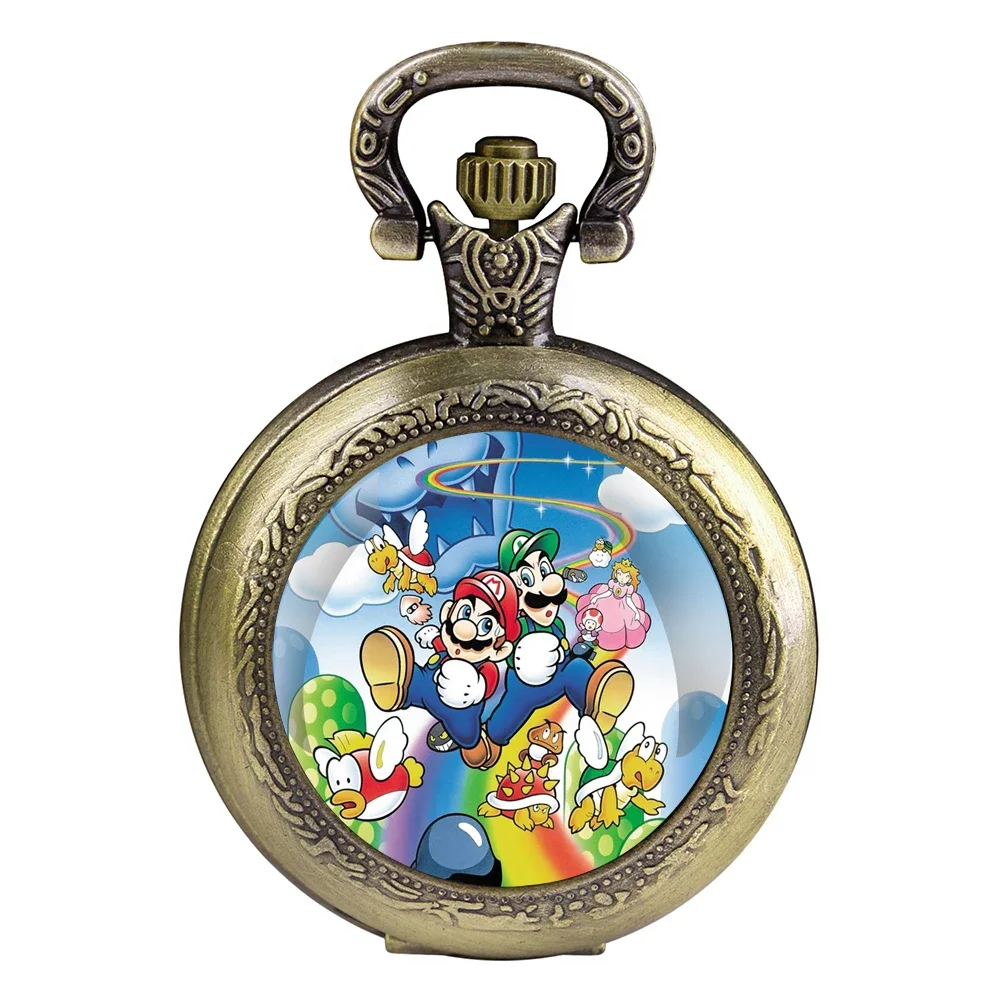 Classic Cartoon Image Glass Dome Pocket Watch with Chain Arabic Dial Vintage Quartz Pendant Watch for Men Women Children Gifts