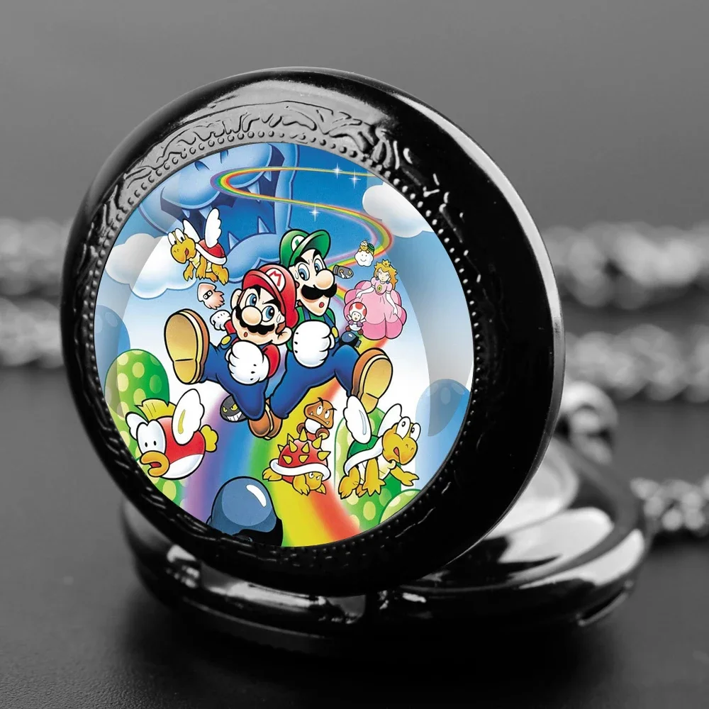 Classic Cartoon Image Glass Dome Pocket Watch with Chain Arabic Dial Vintage Quartz Pendant Watch for Men Women Children Gifts
