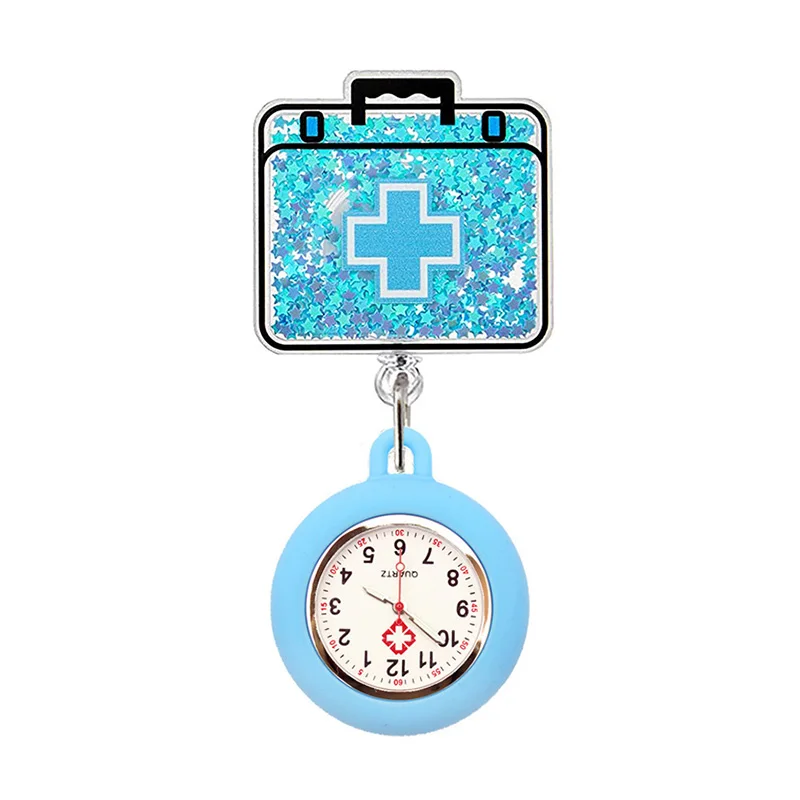 Quicksand Stars Hospital Acrylic Injector & Stethoscope Retractable Nurse Doctor FOB Pocket Watches Clip Hang Medicine Clock