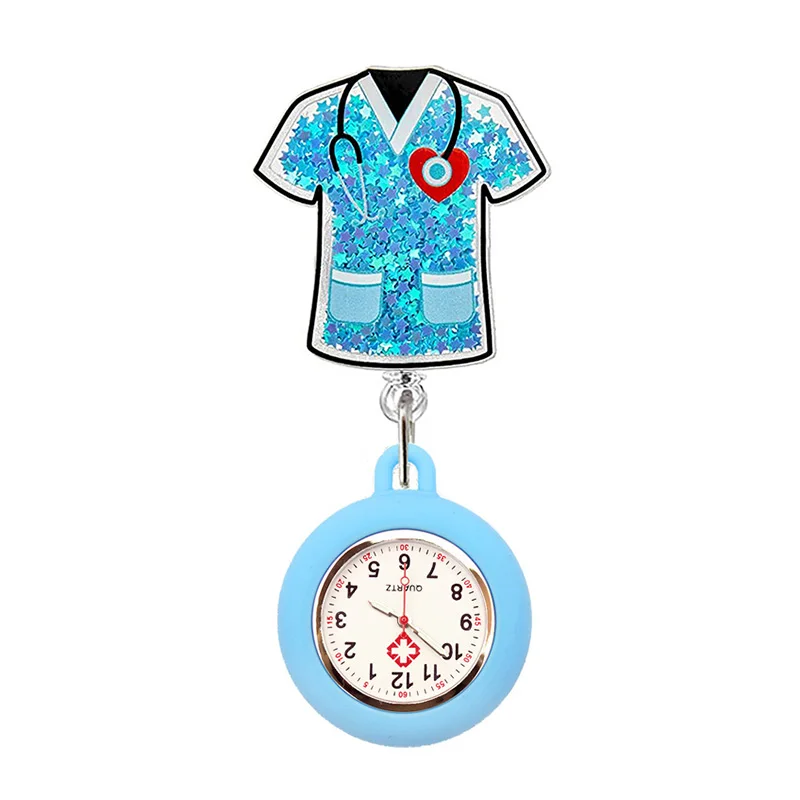 Quicksand Stars Hospital Acrylic Injector & Stethoscope Retractable Nurse Doctor FOB Pocket Watches Clip Hang Medicine Clock