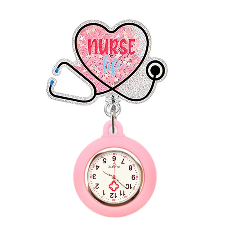 Quicksand Stars Hospital Acrylic Injector & Stethoscope Retractable Nurse Doctor FOB Pocket Watches Clip Hang Medicine Clock