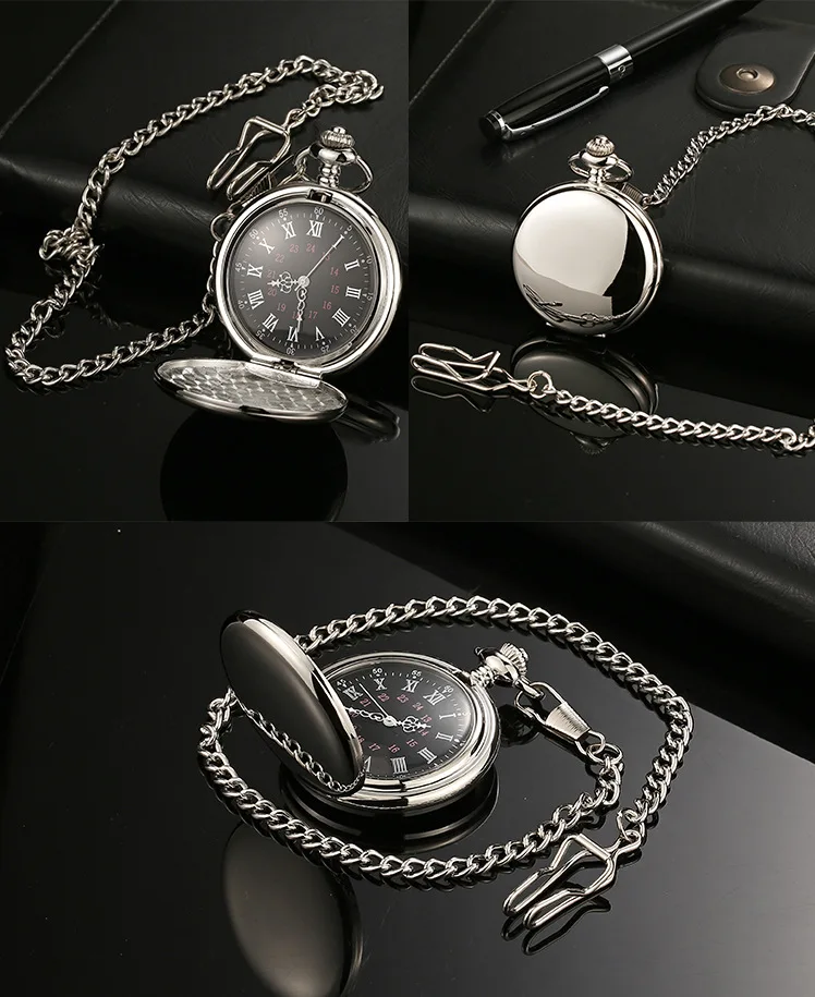 Classic Fashion 37CM Fob Chain Smooth Steel Polish Quartz Pocket Watch Mens Pendant Gifts
