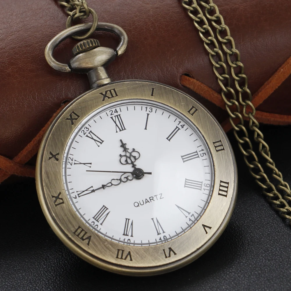 Antique Simple Wind Steel Roman Numerals Pocket Watch Bronze Antique Men Fob Chain Pendant Clock Women Children's Necklace Gift