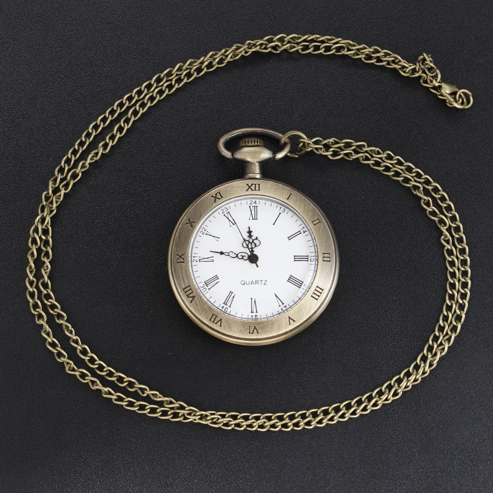 Antique Simple Wind Steel Roman Numerals Pocket Watch Bronze Antique Men Fob Chain Pendant Clock Women Children's Necklace Gift