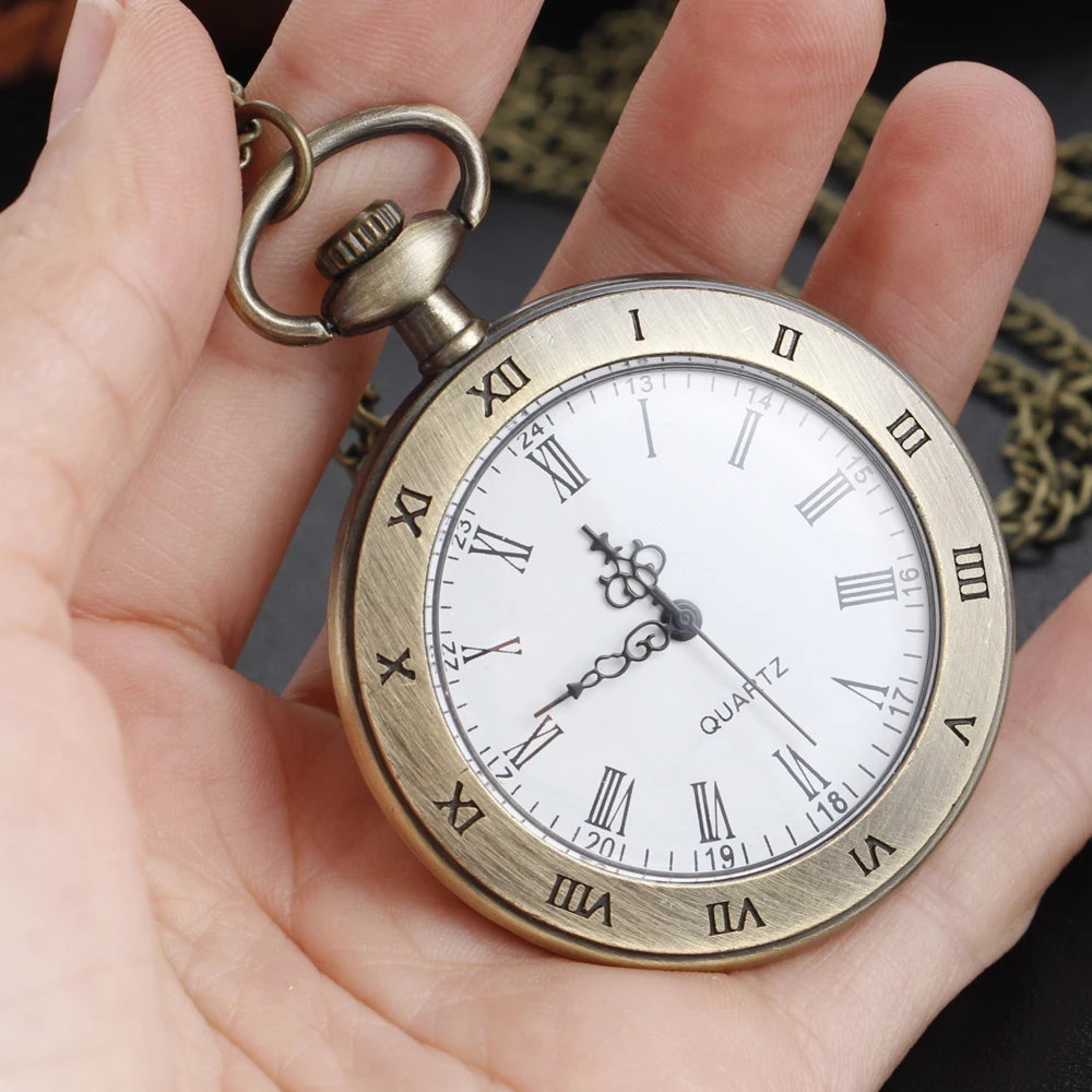 Antique Simple Wind Steel Roman Numerals Pocket Watch Bronze Antique Men Fob Chain Pendant Clock Women Children's Necklace Gift