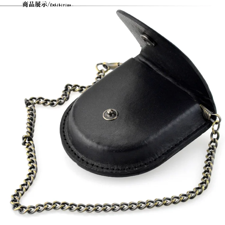 New Male Back Brown Cover Vintage Classic Pocket Watch Box Holder Storage Case Coin Purse Pouch Bag With Silver Bronze Chain