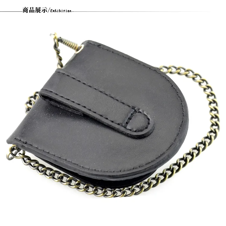 New Male Back Brown Cover Vintage Classic Pocket Watch Box Holder Storage Case Coin Purse Pouch Bag With Silver Bronze Chain