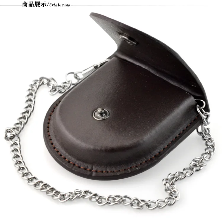 New Male Back Brown Cover Vintage Classic Pocket Watch Box Holder Storage Case Coin Purse Pouch Bag With Silver Bronze Chain