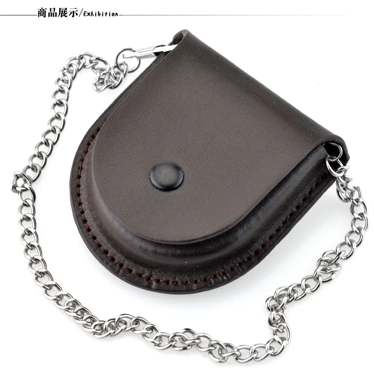 New Male Back Brown Cover Vintage Classic Pocket Watch Box Holder Storage Case Coin Purse Pouch Bag With Silver Bronze Chain