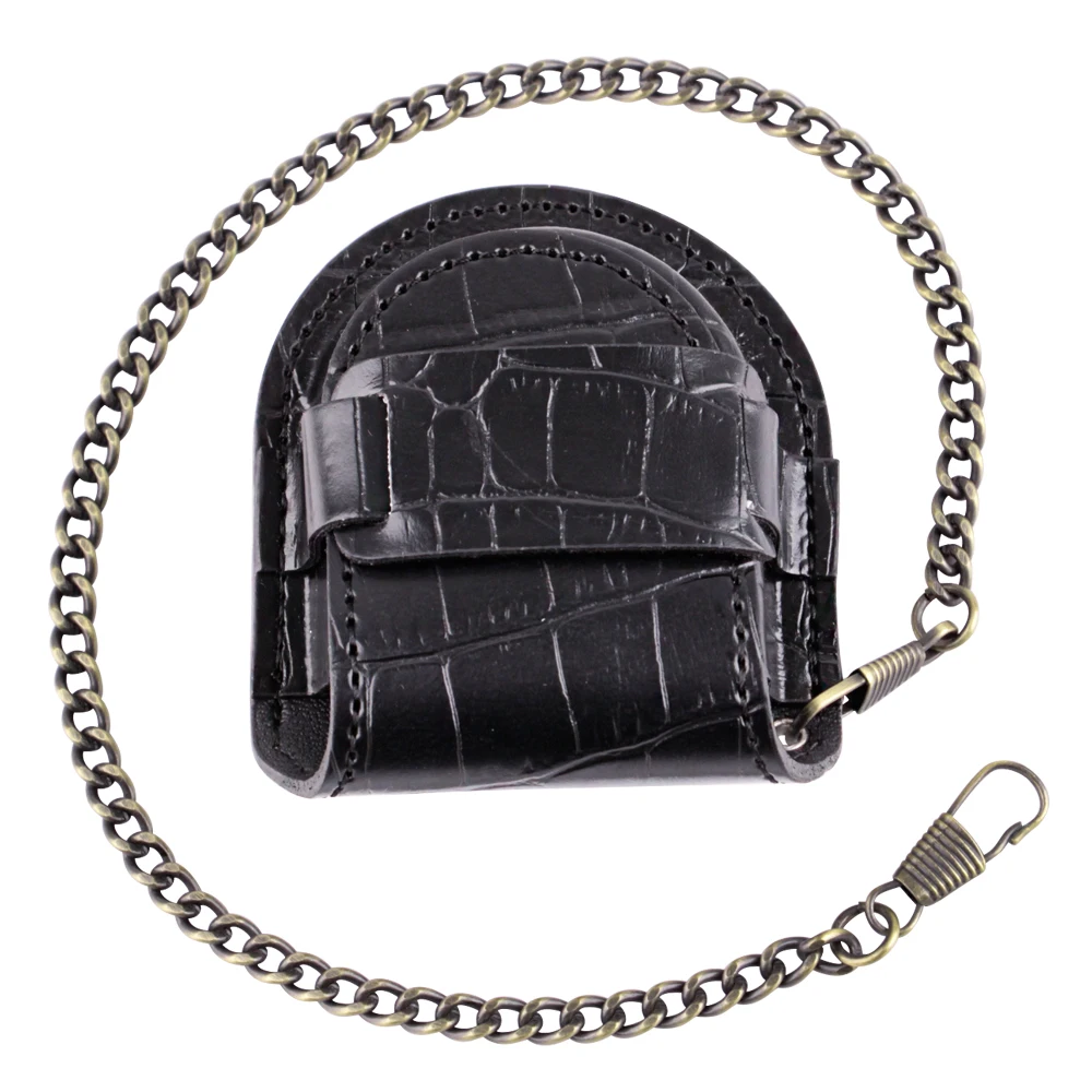 New Male Back Brown Cover Vintage Classic Pocket Watch Box Holder Storage Case Coin Purse Pouch Bag With Silver Bronze Chain