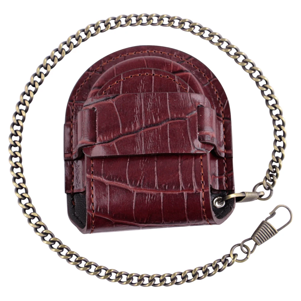 New Male Back Brown Cover Vintage Classic Pocket Watch Box Holder Storage Case Coin Purse Pouch Bag With Silver Bronze Chain