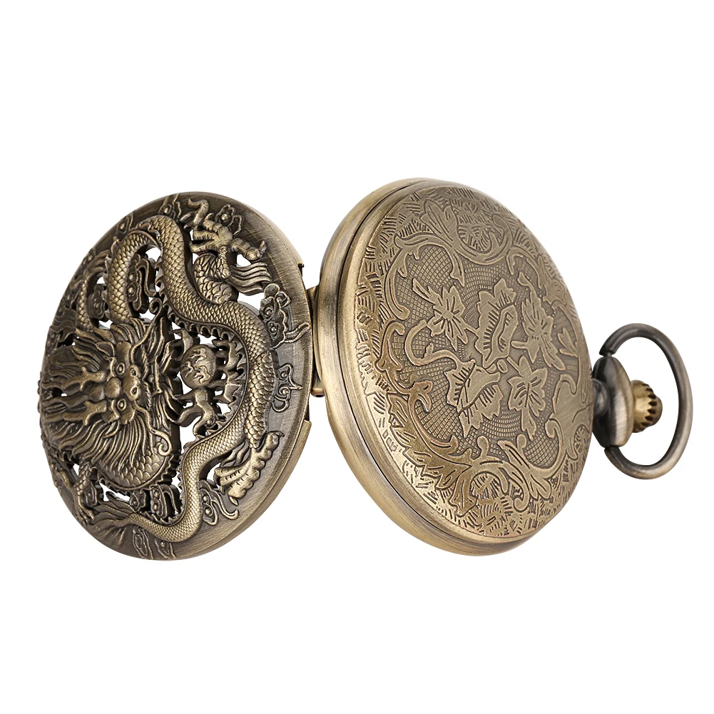 Bronze Vintage Ancient Dragon Design Quartz Pocket Watch Steampunk Analog FOB Pocket Chain Gift Men Women Necklace Pendant Clock