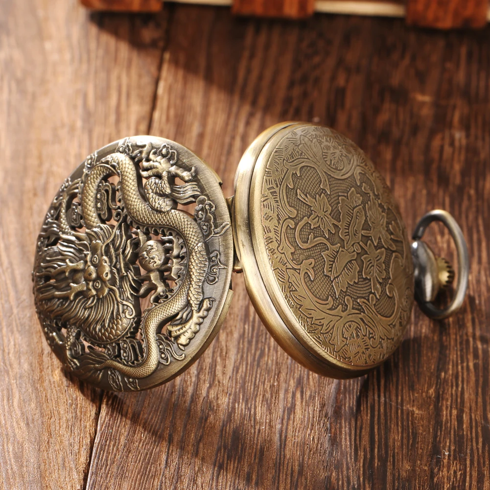 Bronze Vintage Ancient Dragon Design Quartz Pocket Watch Steampunk Analog FOB Pocket Chain Gift Men Women Necklace Pendant Clock
