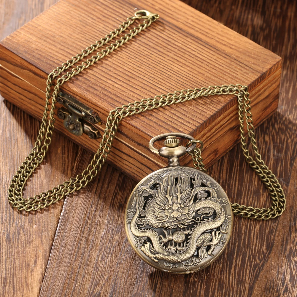 Bronze Vintage Ancient Dragon Design Quartz Pocket Watch Steampunk Analog FOB Pocket Chain Gift Men Women Necklace Pendant Clock