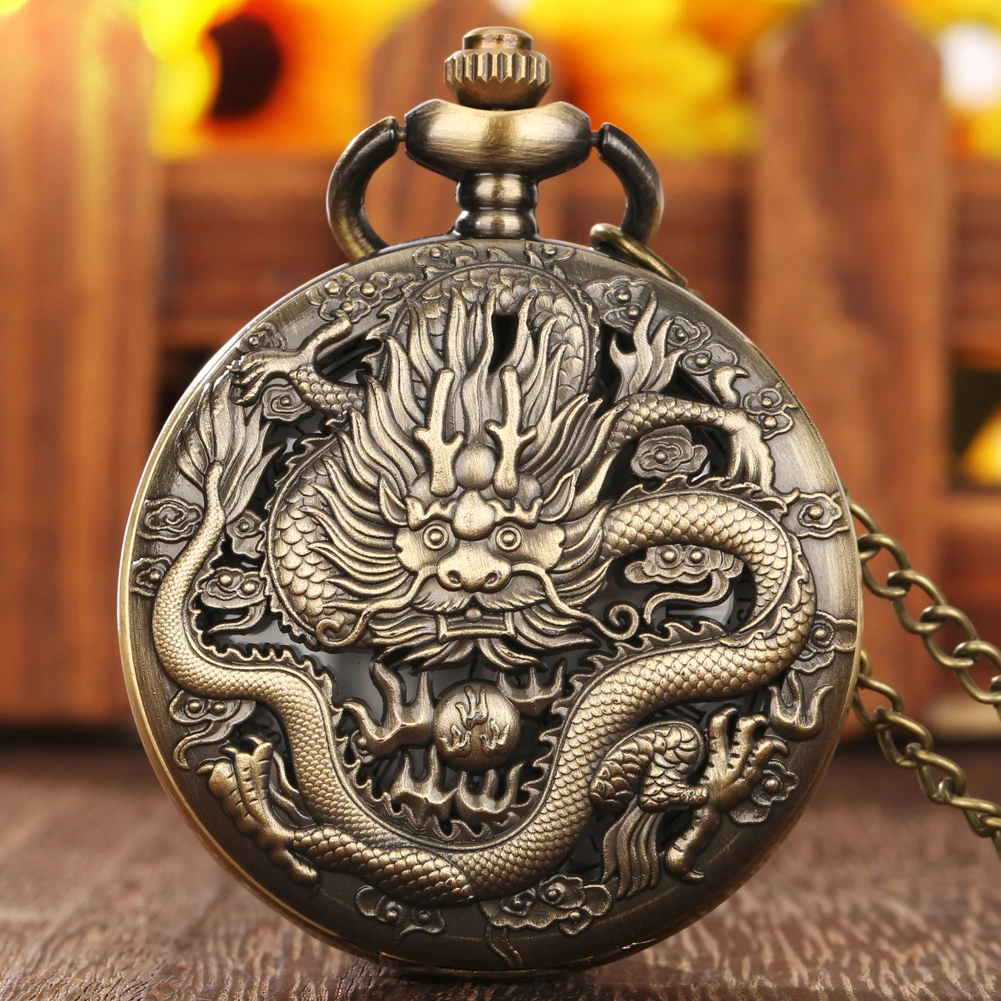 Bronze Vintage Ancient Dragon Design Quartz Pocket Watch Steampunk Analog FOB Pocket Chain Gift Men Women Necklace Pendant Clock