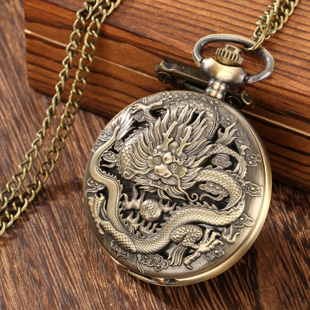 Bronze Vintage Ancient Dragon Design Quartz Pocket Watch Steampunk Analog FOB Pocket Chain Gift Men Women Necklace Pendant Clock