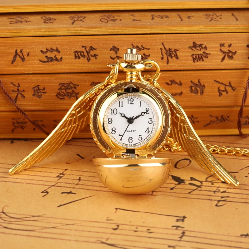 Antique Retro Ball Shaped Quartz Pocket Watch Fashion Sweater Angel Wings Necklace Chain Souvenir Gift for Men Women kids