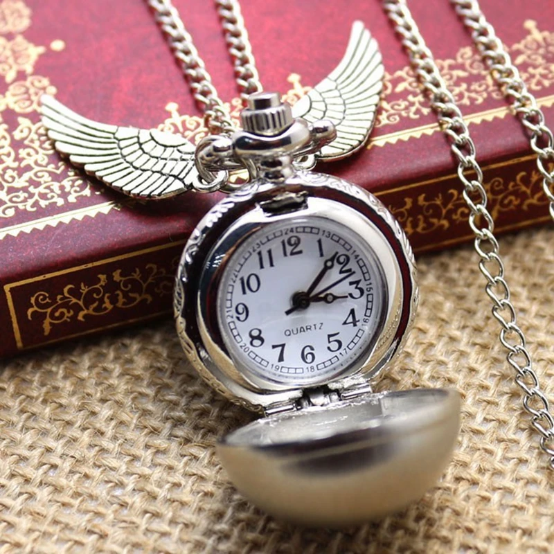 Antique Retro Ball Shaped Quartz Pocket Watch Fashion Sweater Angel Wings Necklace Chain Souvenir Gift for Men Women kids