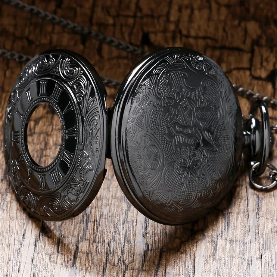 Vintage Charm Black Unisex Fashion Roman Number Quartz Steampunk Pocket Watch Women Man Necklace Pendant with Chain Gifts P427