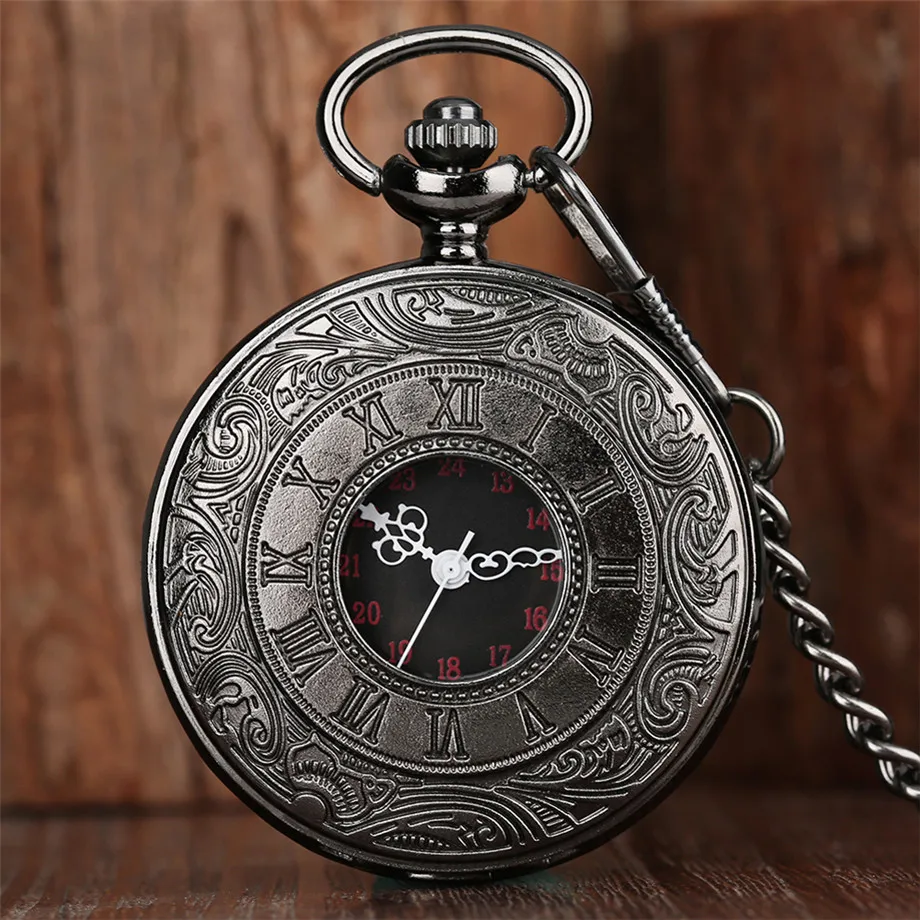 Vintage Charm Black Unisex Fashion Roman Number Quartz Steampunk Pocket Watch Women Man Necklace Pendant with Chain Gifts P427