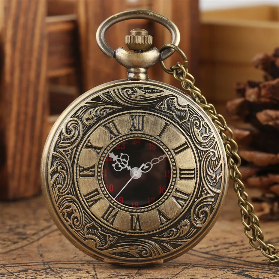 Vintage Charm Black Unisex Fashion Roman Number Quartz Steampunk Pocket Watch Women Man Necklace Pendant with Chain Gifts P427