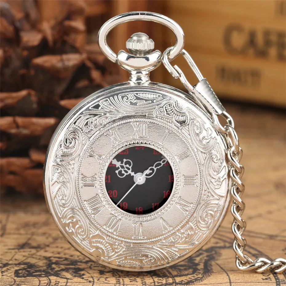 Vintage Charm Black Unisex Fashion Roman Number Quartz Steampunk Pocket Watch Women Man Necklace Pendant with Chain Gifts P427