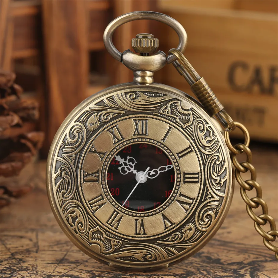 Vintage Charm Black Unisex Fashion Roman Number Quartz Steampunk Pocket Watch Women Man Necklace Pendant with Chain Gifts P427