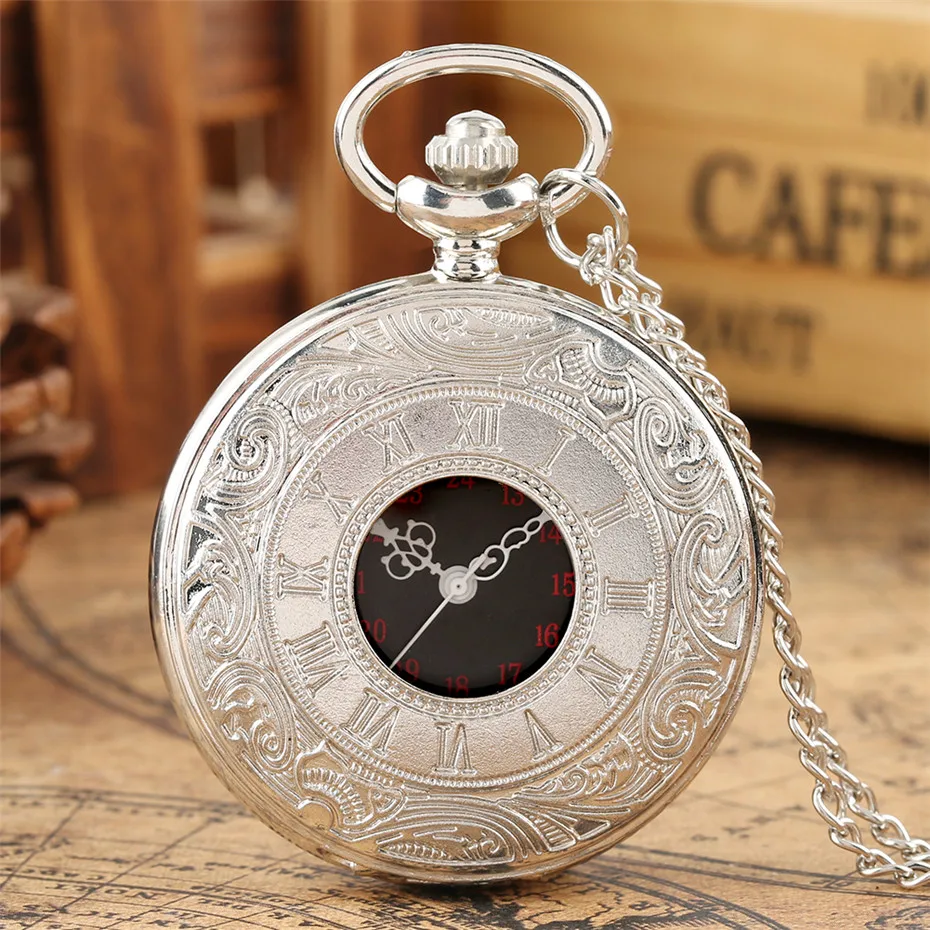 Vintage Charm Black Unisex Fashion Roman Number Quartz Steampunk Pocket Watch Women Man Necklace Pendant with Chain Gifts P427